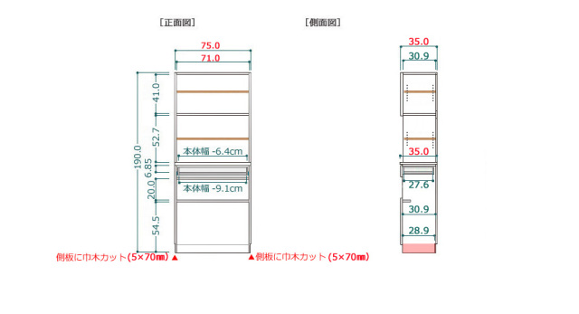 【セミオーダー洗面所収納SUNNY 】扉付きランドリーバスケット収納 ホワイト（幅75cm×奥行35cm×高さ190cm）