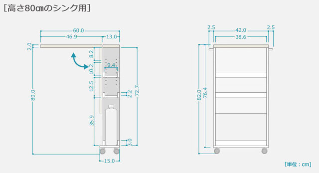 キッチン作業台 折りたたみできるキャスター付きバタフライテーブル