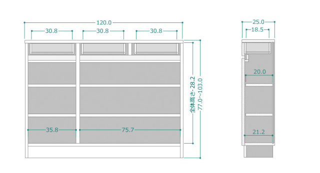 セミオーダーカウンター下収納LASCO(ラスコ) 開き戸キャビネット 幅120cm 奥行25cm 高さ60~103cm 全14色