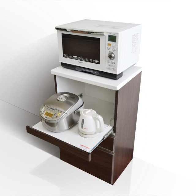 レンジ台 60cm幅［スパイス］完成品 スライド棚付 ホワイト ダーク 