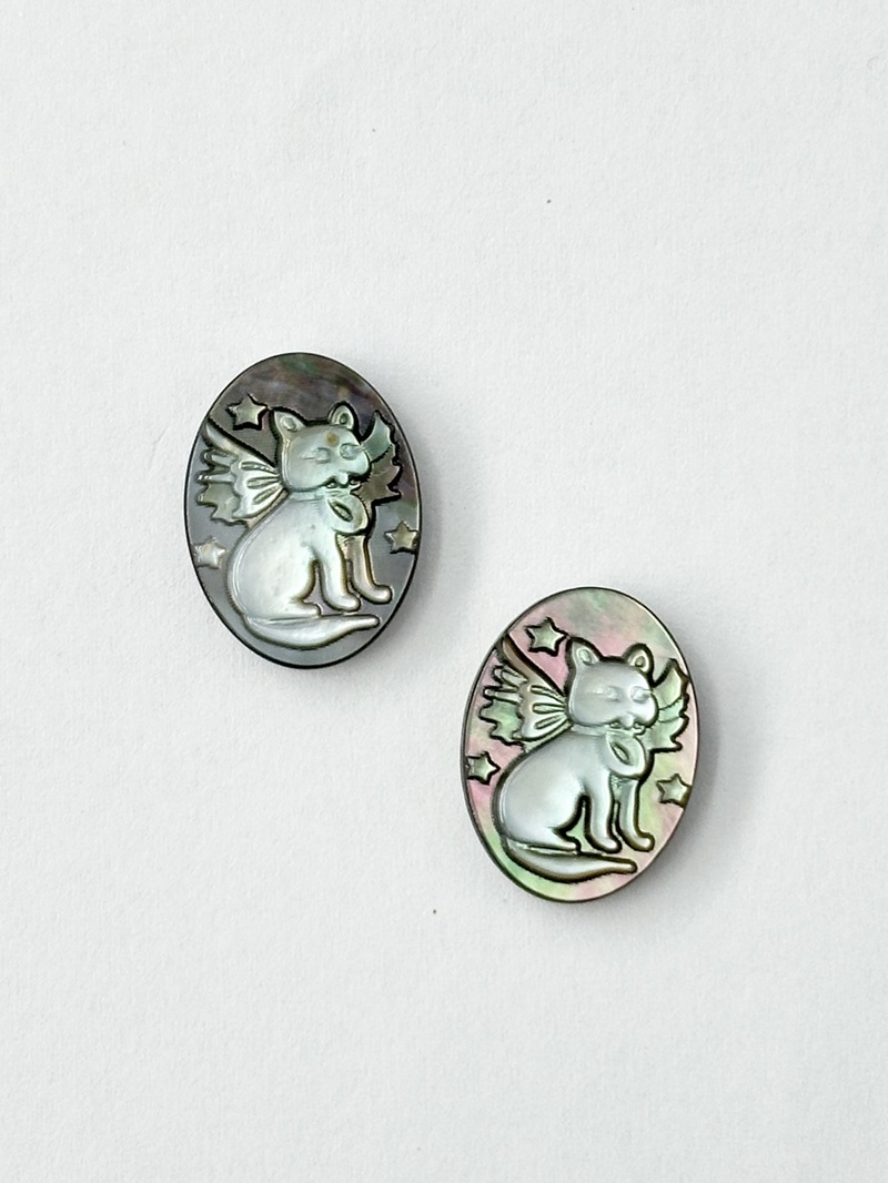 カメオ - 猫 (クロチョウガイ)(オーバル)【約16×12mm/1個】[メール便可]まとめ買い10%OFF #2172 En:Shell cameo -Black MOP 貝殻