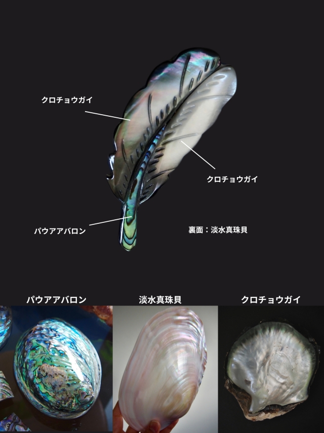 シェルパーツ -モザイクフェザー(真珠母貝・アワビ)【約24×60mm】1個