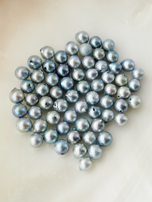 アコヤ真珠 ブルー 両穴（通し穴）【約6～7mm/2粒】#2069[メール便可]