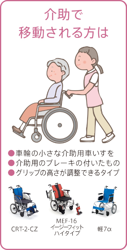 片手、片足で動かせるかたは　●座面の高さの低い低床型を。●レッグサポートの着脱ができるタイプ「CRT-2-CZ」「MEF-16イージーフィットハイタイプ」「軽7α」