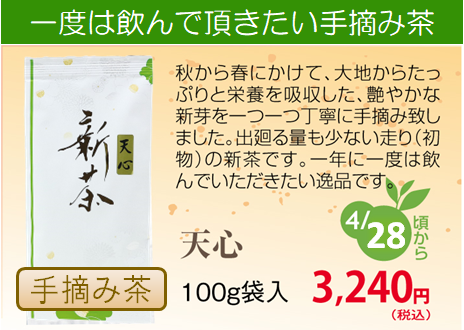 【新茶】手摘み【深蒸し掛川茶】天心（てんしん）100ｇ袋入り【発送：2026年4月28日頃から】