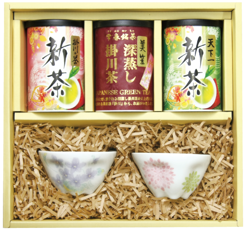 新茶（深蒸し掛川茶）100ｇ3種類と華型湯呑みセット