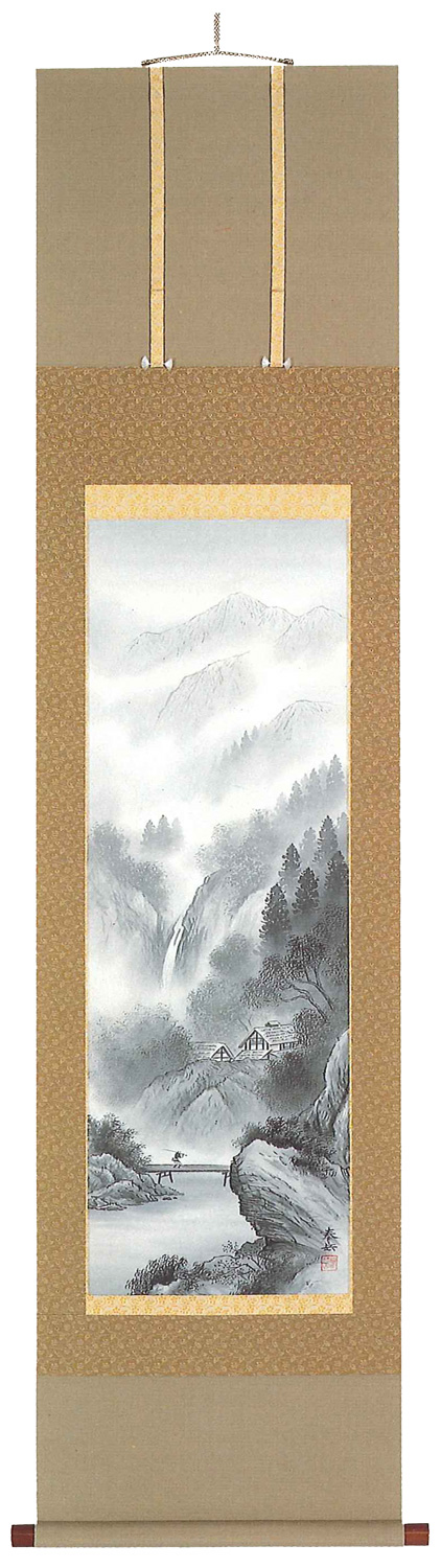 春径　　水墨画 山水画 掛軸 水墨画 山水 春 風景画 掛け軸 絵画 インテリア ピンク 絵画