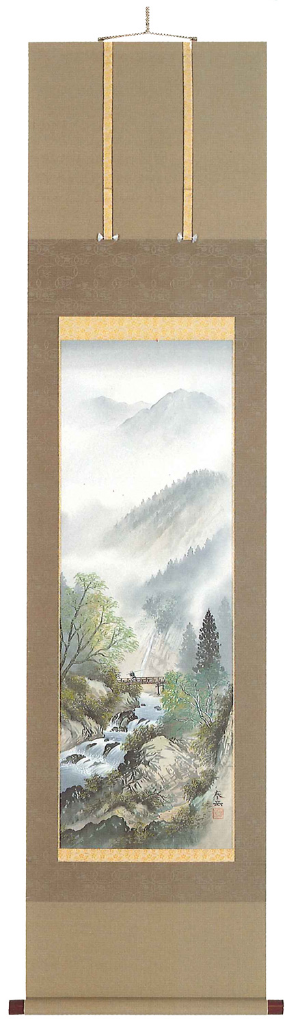 彩色山水　遠藤春岳（直筆） の掛軸（掛け軸）
