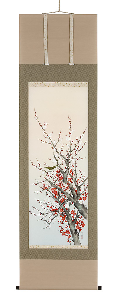 紅白梅　鈴木秀湖（直筆）　掛軸（掛け軸）