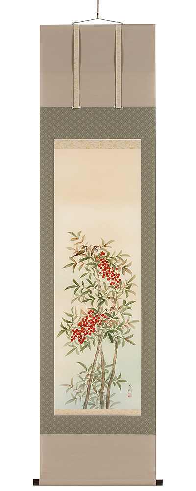 南天　鈴木秀湖（直筆）　掛軸（掛け軸）