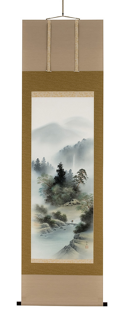 彩色山水　中野長春（直筆）  画像　掛軸（掛け軸）　