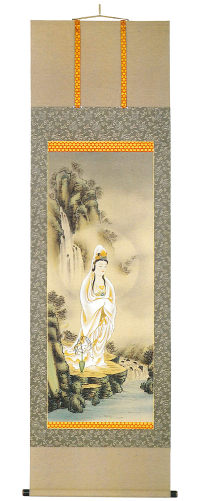 【真作】川島玉峰/岩上観音図/観音像図/カンノン図/掛軸/名家伝来/AD-683 真作】川島玉峰/岩上観音図/観音像図/カンノン図/掛軸/名家伝来/