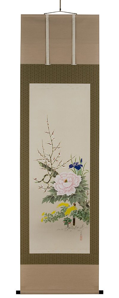 四季草花　林　文美（直筆）　掛軸（掛け軸）　