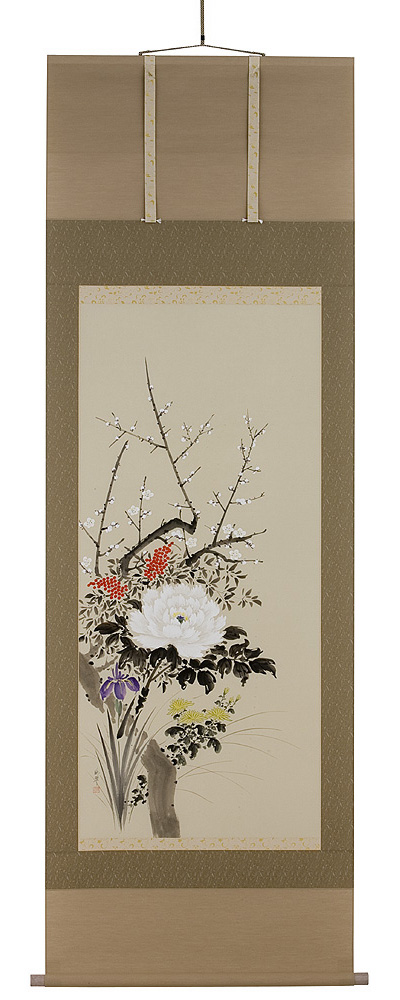 四季草花　尾上晩翠（直筆）　掛軸（掛け軸）　