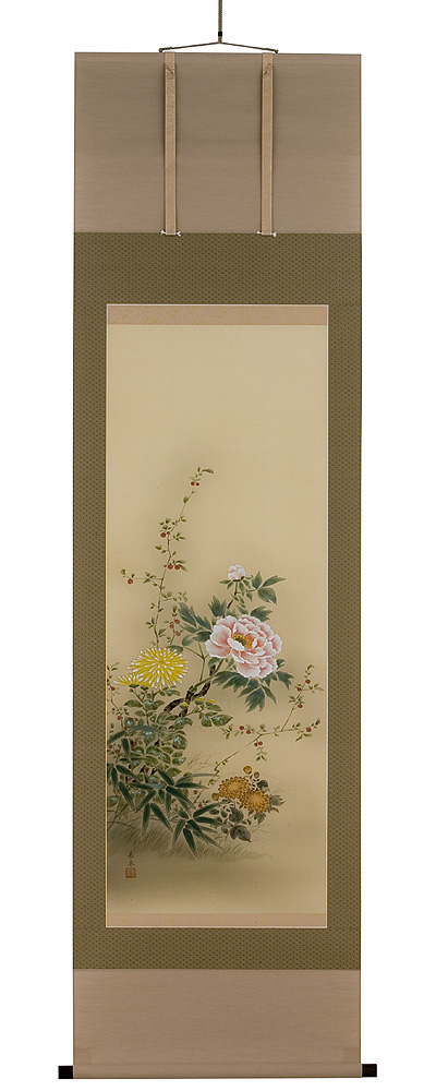 四季草花　中野長春（直筆）　掛軸（掛け軸）　