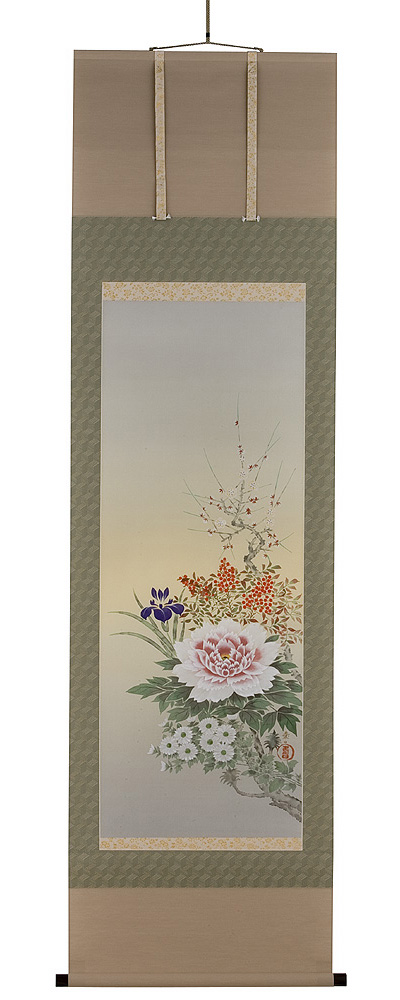 四季草花　佐々木愛日（直筆）画像　掛軸（掛け軸）　
