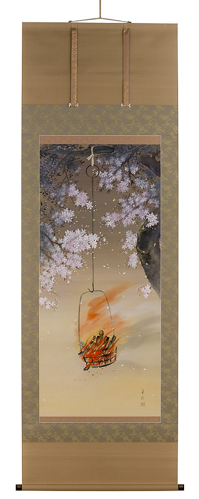 夜桜　月村華渓（直筆）　画像　掛軸（掛け軸）　