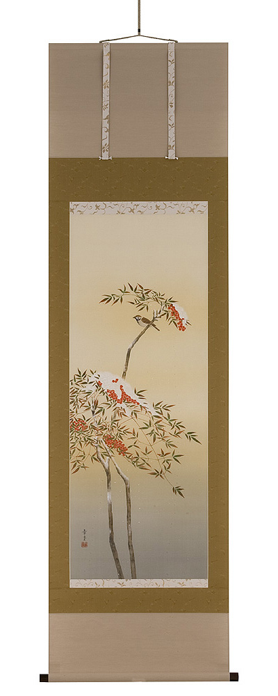 南天に雪　石原章堂（直筆）　掛軸（掛け軸）　