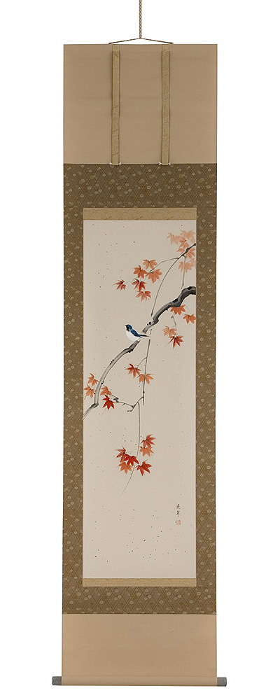 紅葉に鳥　尾上晩翠（直筆）　掛軸（掛け軸）