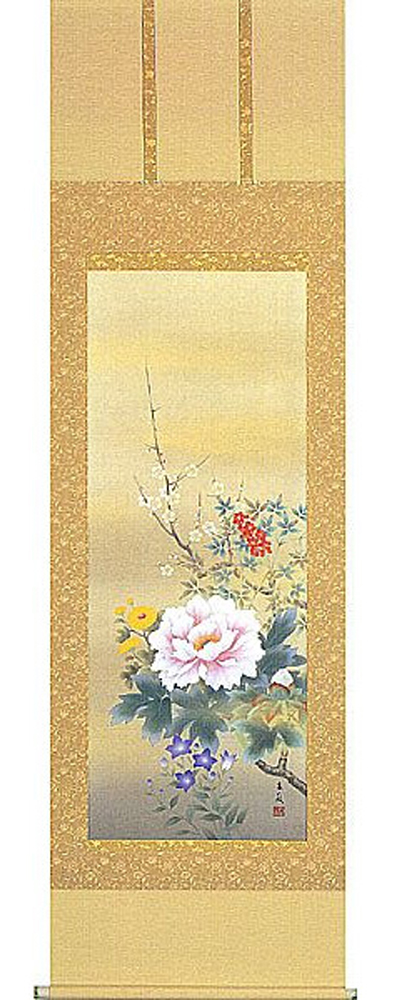 【真作】現代日本画家 松村朱夏「四季花」絹本 掛け軸 日本画 草花 M885 真作】現代日本画家 松村朱夏「四季花」絹本 掛け軸 日本画 草花