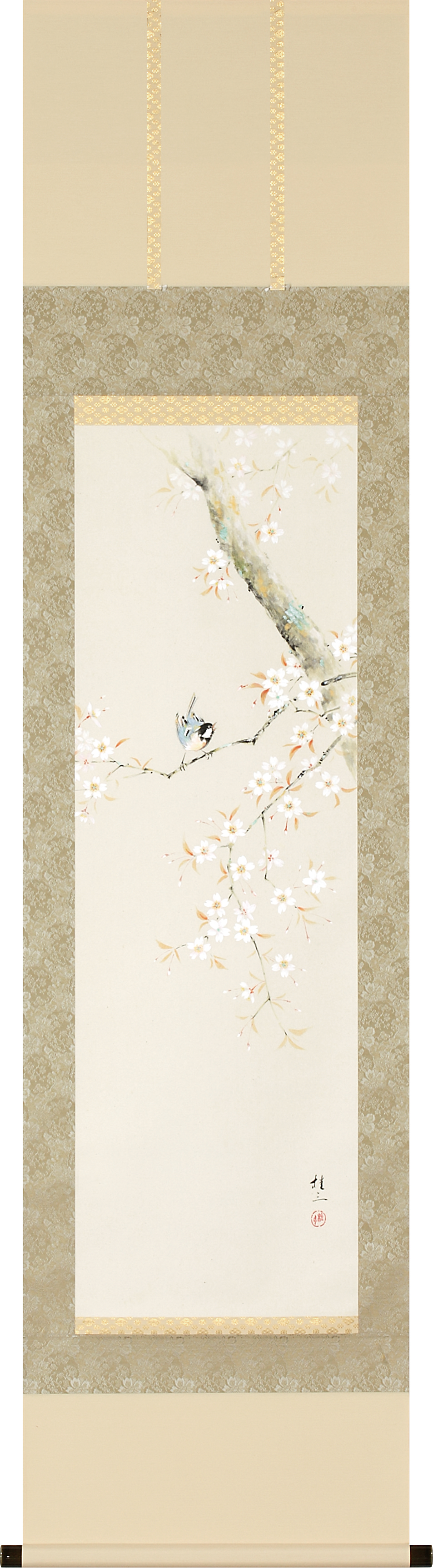 桜に小禽　佐藤桂三　半切立（直筆）