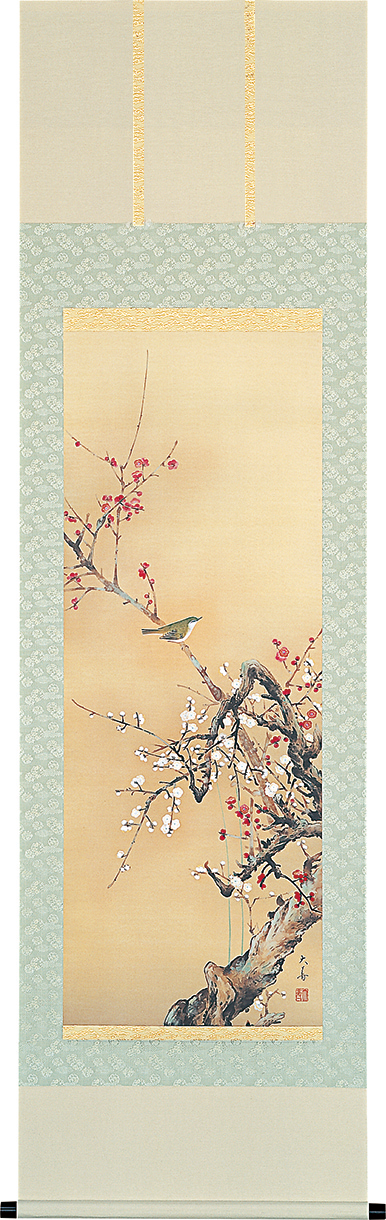 紅白梅に鴬　石田大寿　尺五立（特殊印刷工芸作品）