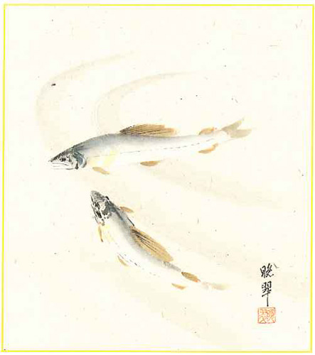 色紙　尾上晩翠　鮎 【直筆作品】