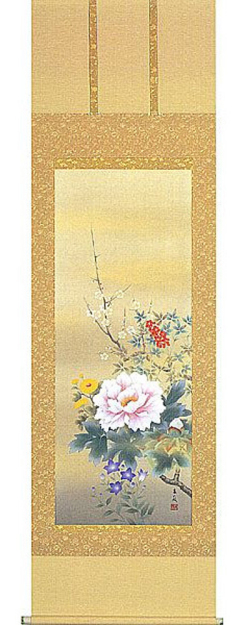 【真作】現代日本画家 松村朱夏「四季花」絹本 掛け軸 日本画 草花 M885 四季花 松村朱夏（直筆） 【掛け軸の販売専門店 掛軸倶楽部】