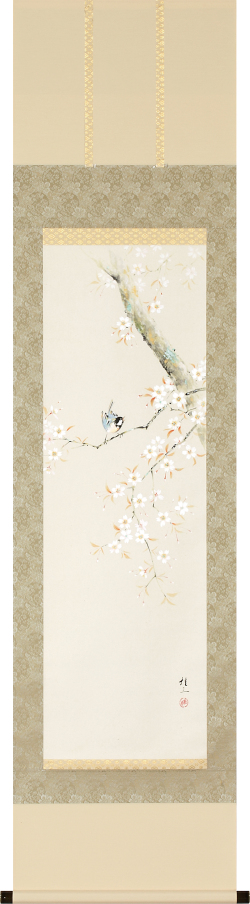 桜に小禽　佐藤桂三　半切立（直筆）