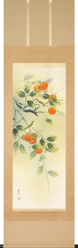 柿に小禽　富田蘇峰　尺五立（特殊印刷工芸作品）