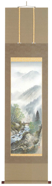 彩色山水　遠藤春岳（直筆） の掛軸（掛け軸）