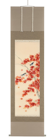 紅葉に小鳥　鈴木秀湖（直筆）　掛軸（掛け軸）