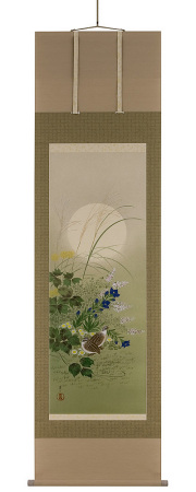 秋草に鶉　佐々木愛日（直筆）画像　掛軸（掛け軸）　