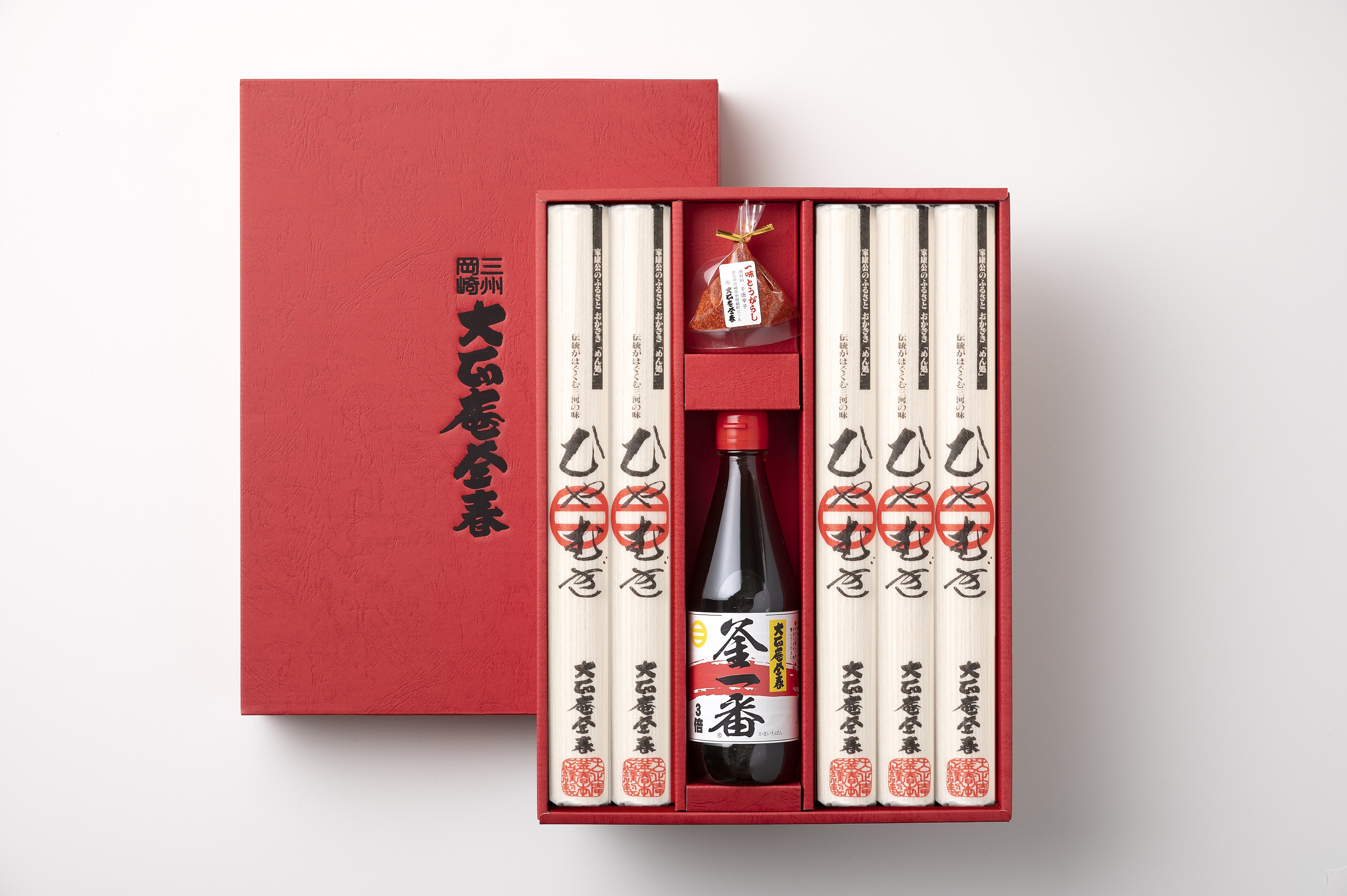 乾麺：ひやむぎ　５本入り、つゆ、一味付き