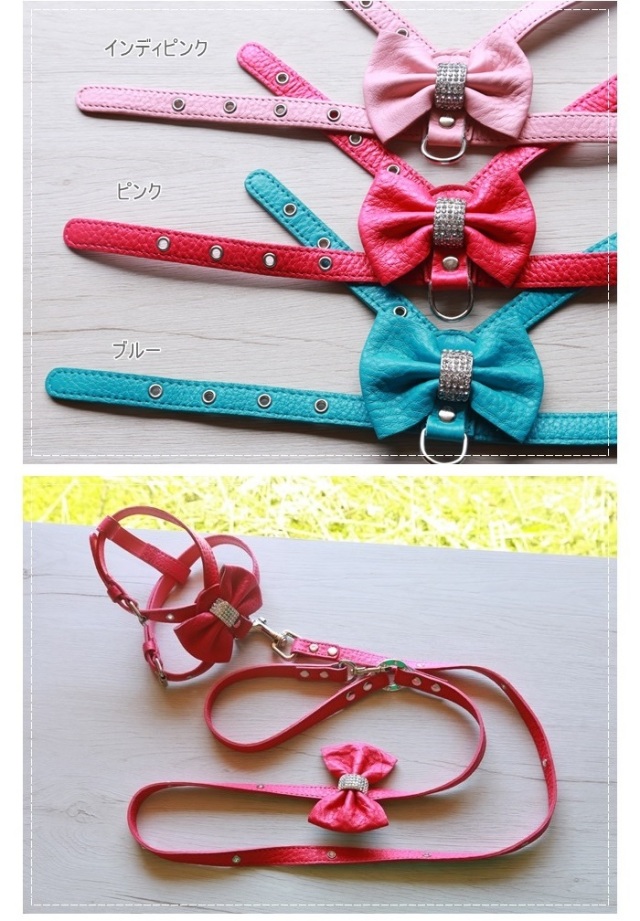 リボン付き革製ハーネス 犬の服 鎌倉DOG
