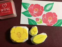 消しゴムはんこ　お花と葉っぱ 椿の花・蕾・葉っぱの消しゴムはんこセット