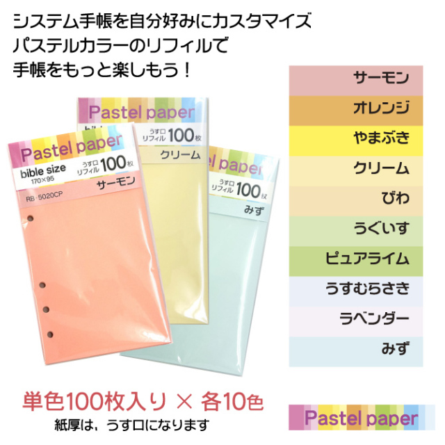 システム手帳 リフィル パステルカラー 100枚入り カラフル 無地