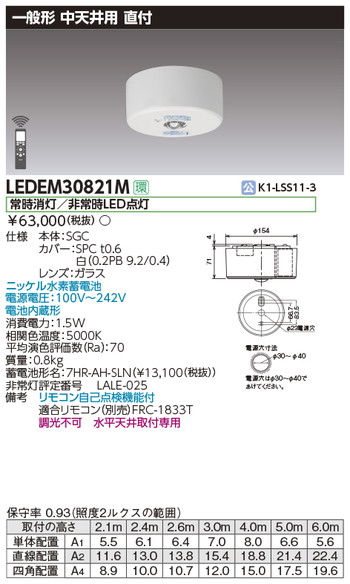 東芝，非常用照明器具，LEDEM30821M，中天井用直付LED非常灯専用形 の商品画像