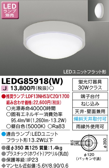 東芝 住宅照明 軒下用シーリングライト LEDG85918(W) ※ランプ別売の商品画像
