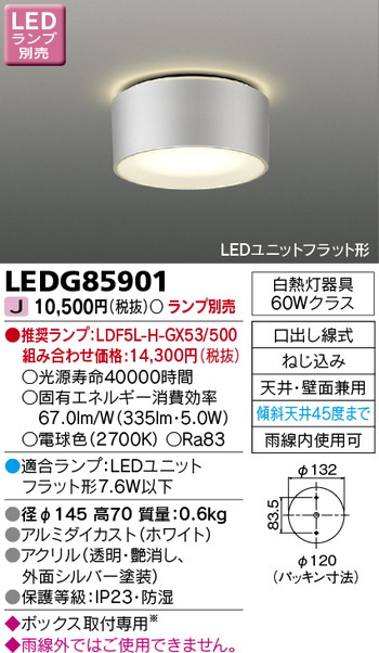 東芝 住宅照明 軒下用シーリングライト LEDG85901 ※ランプ別売の商品画像