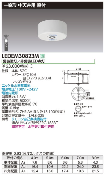 東芝，非常用照明器具，LEDEM30823M，中天井用直付LED非常灯専用形 の商品画像