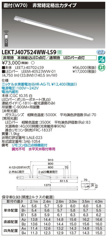東芝，非常用照明器具，LEKTJ407524WW-LS9，TENQOO非常灯40形直付W70 の商品画像