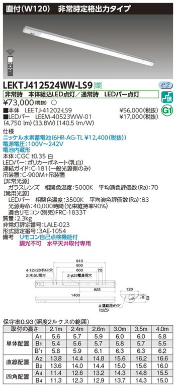 東芝，非常用照明器具，LEKTJ412524WW-LS9，TENQOO非常灯40形直付W120 の商品画像