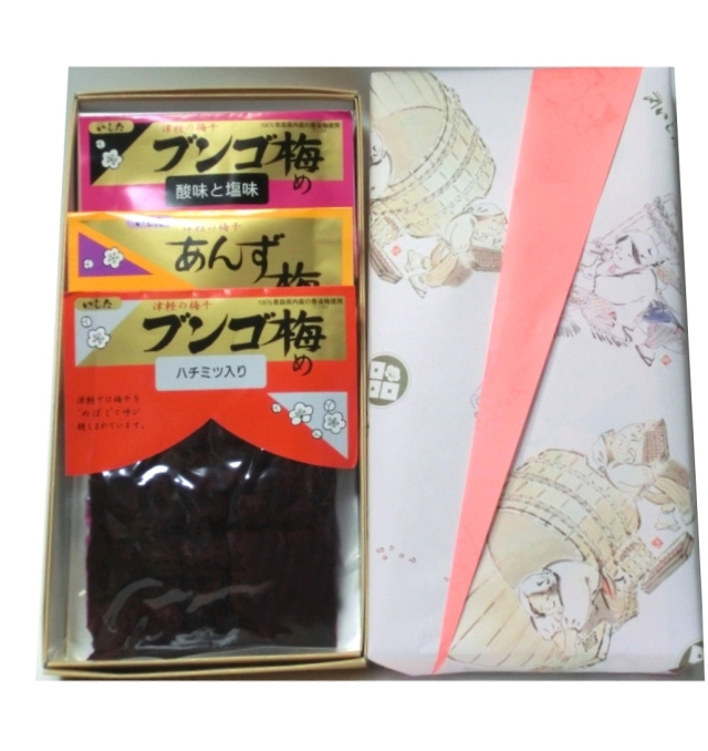 ブンゴ梅　「酸味と塩味140g」「ハチミツ150g」　「あんず梅170g」お好み3点セット箱入り（内訳は備考欄に記入下さい）