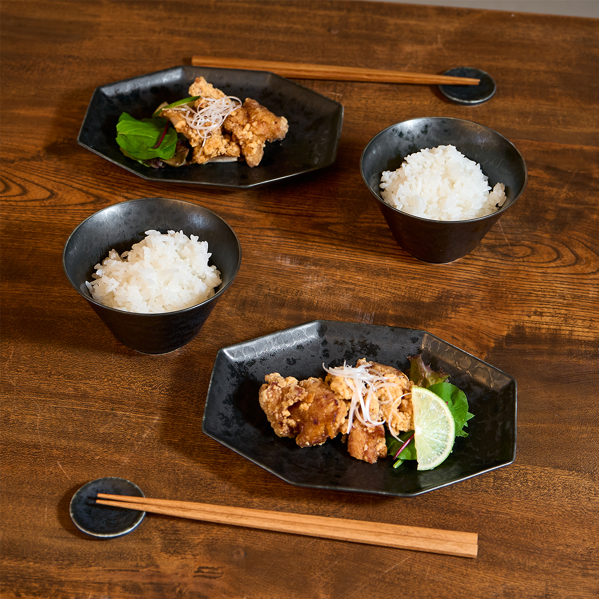 円柱豆皿/11.5cm反型碗/19.5cm長八角皿 黒陶