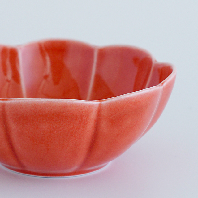 11cm 菊割小鉢 朱赤オリベ