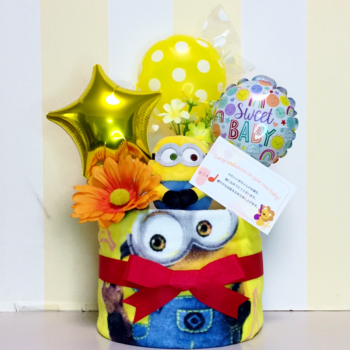 出産祝いに大人気ミニオンズのおむつケーキ｜ウォッシュタオル 赤ちゃんのお誕生日プレゼント・内祝いギフト・贈物 【送料無料】mmno1502