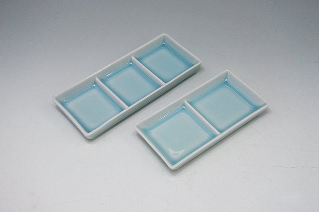 焼肉・串揚げ・薬味皿に】青白磁 仕切り皿 二品15．7cm×7