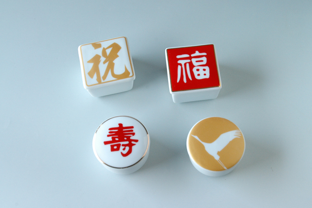 輸入陶器】福・寿・祝・鶴 蓋付き珍味入れ