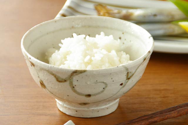 和食器・砥部焼　唐草もようの茶碗にご飯をよそって